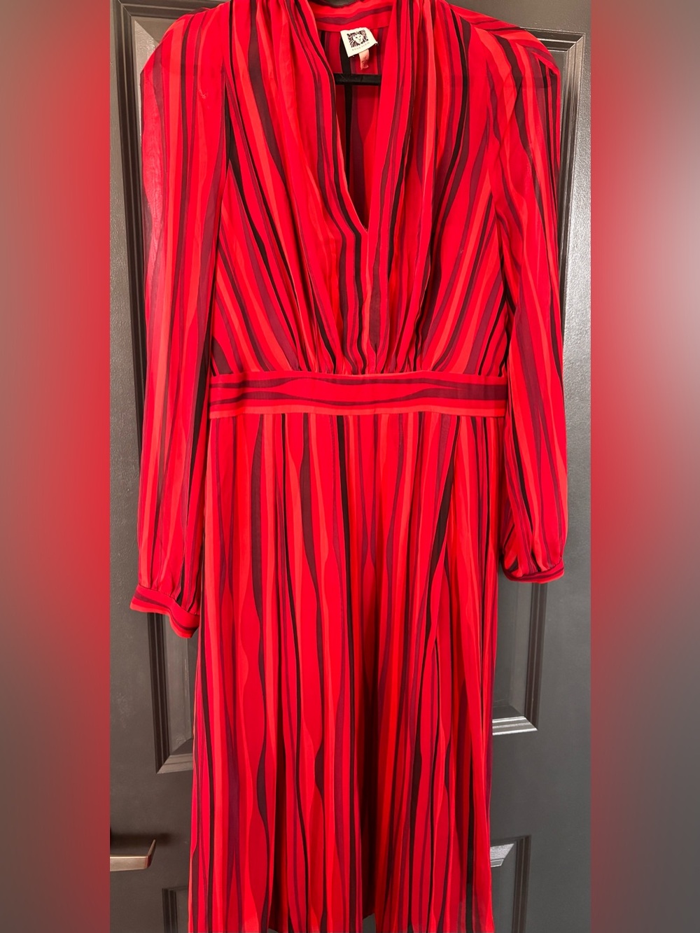 Anne Klein Red and Black Striped Long Sleeve Dress